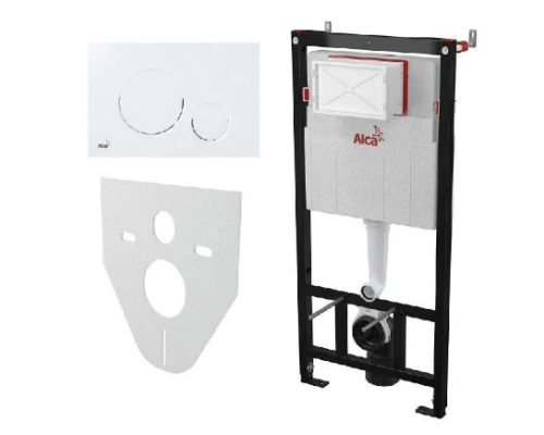 Комплект 4в1 Alcaplast : система інсталяція AM101/1120 з білою круглою кнопкою M670 та прокладкою M91